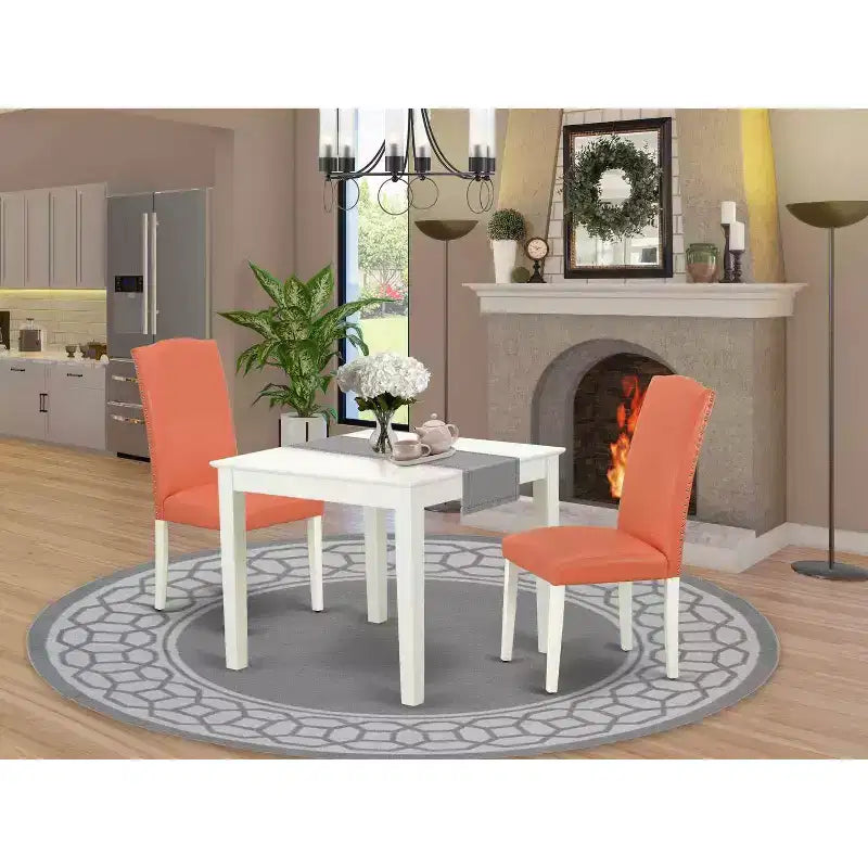 Square Dining Set Pink Flamingo 36 Inch Table & 2 Parsons Chairs Linen White Legs PU Leather