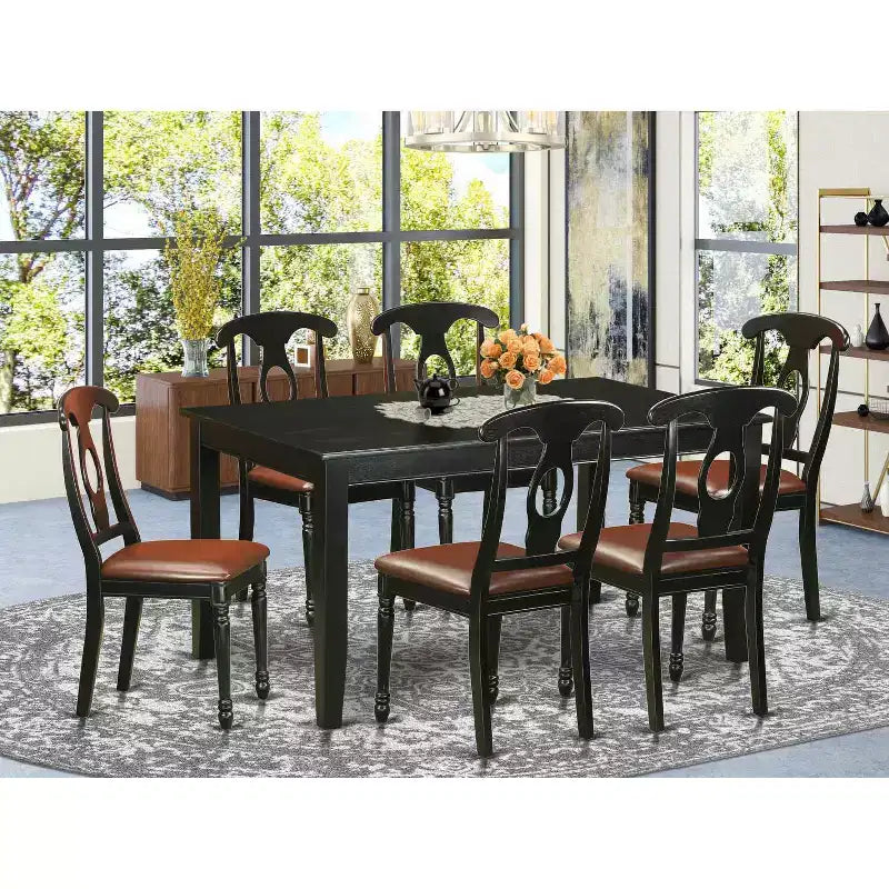 Kitchen Table Chair Set 7-Piece - Rectangular Dining Table with 6 Chairs - Faux Leather Seats - Black Finish