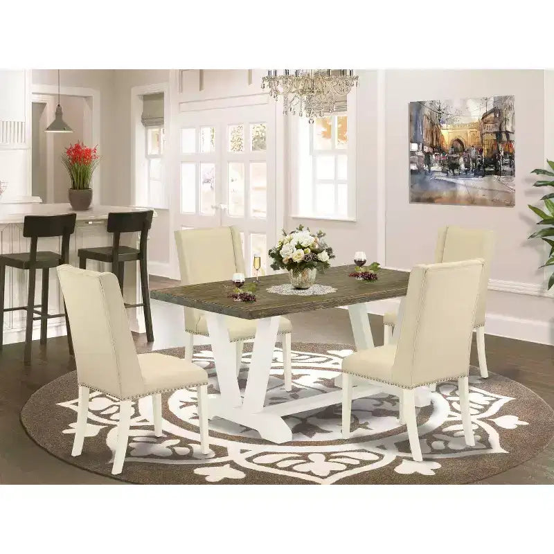 HomeStock 5-Piece Rectangle Distressed Jacobean Finish Solid Wood Top Dining table with 4 Chairs