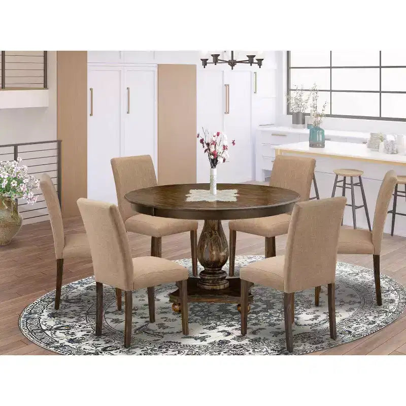 HomeStock 7-Piece Distressed Jacobean Finish Solid Wood Top Dining Table with 6 Chairs