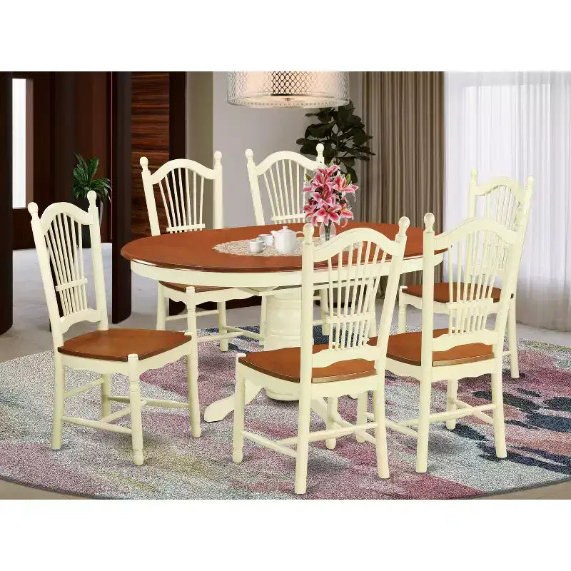 7-Piece Oval Buttermilk & Cherry Finish Solid Wood Top Dining Table with 6-Chairs with