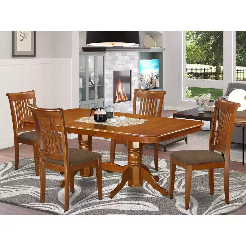 Nordic Dining Room Set - Extension Table & Chairs - Solid Wood Kitchen Set - Saddle Brown Finish