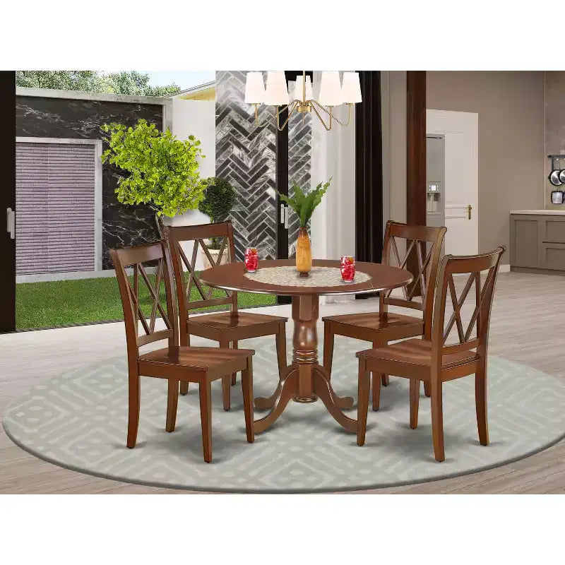 HomeStock 5-Piece Round Mahogany Finish Solid Wood Top Dining table with 4 Chairs with Drop Leaf Cross Back