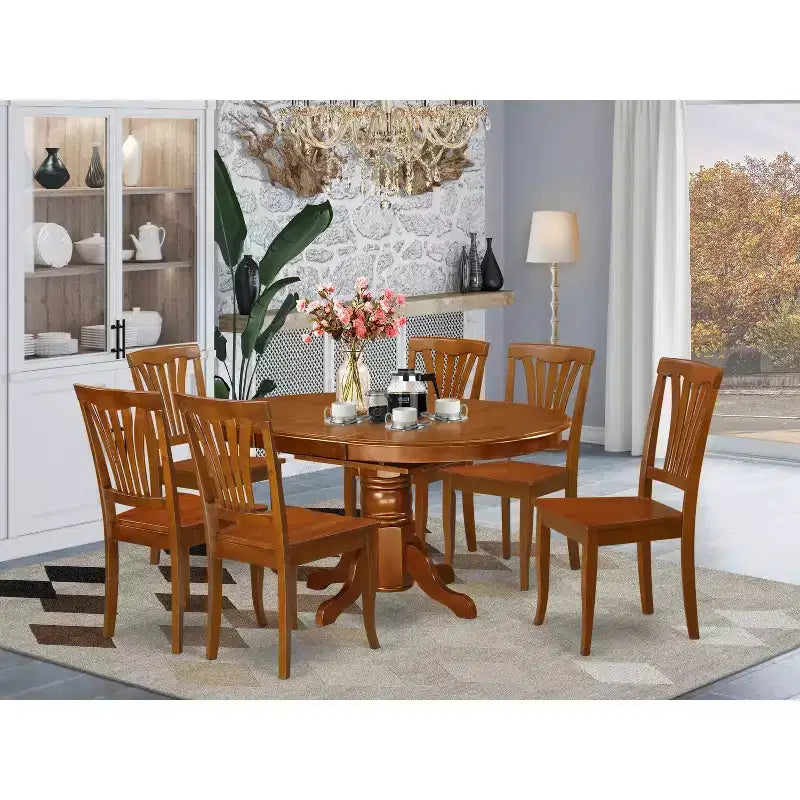 7-Piece Oval Saddle Brown Finish Solid Wood Top Dining Table with 6-Chairs with