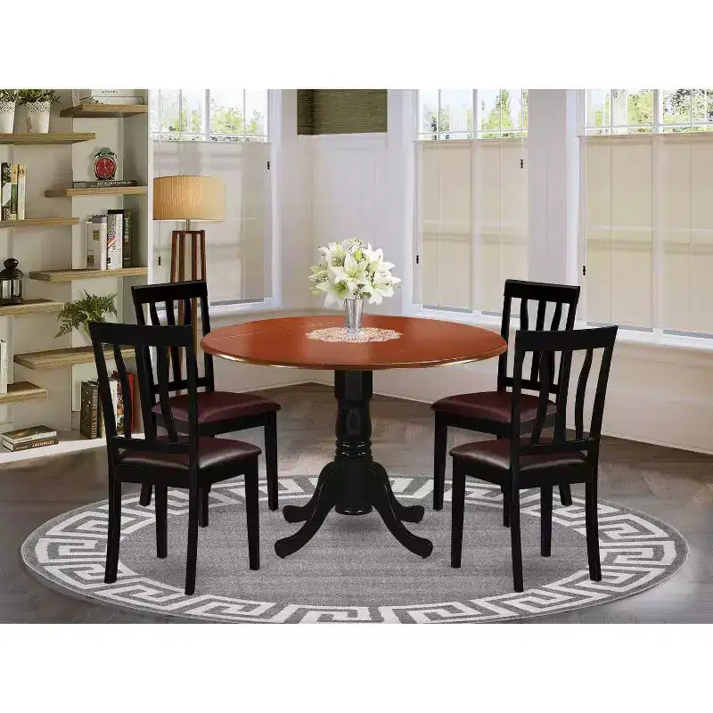 HomeStock 5-Piece Round Black and Cherry Finish Solid Wood Top Dining table with 4 Chairs