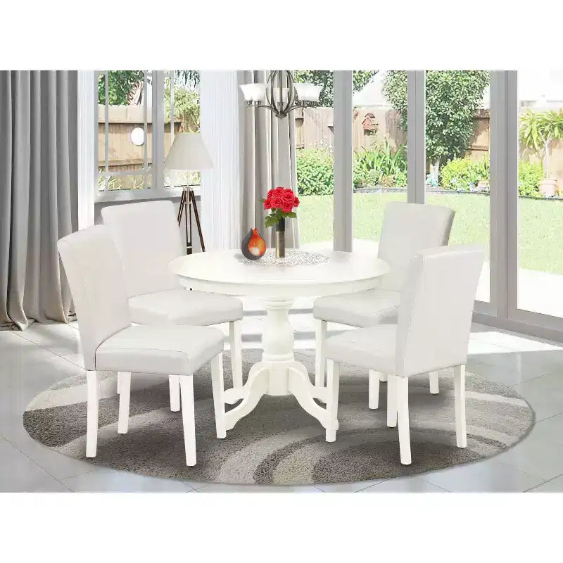 HomeStock 5-Pc Linen White Finish Solid Wood Top Dining table with 4 White Faux Leather Upholstered Parson Chairs