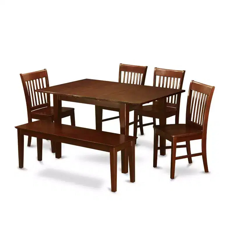 Mediterranean Dining Set - Extendable Table & 6 Chairs - Wood Seat - Mahogany Finish - Dining Room Furniture