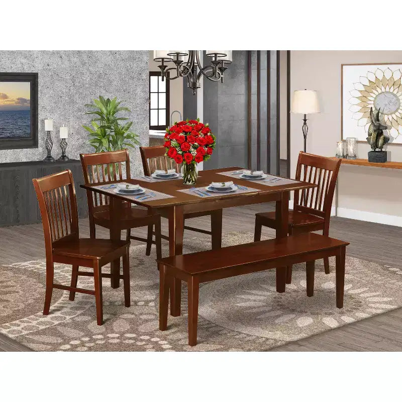 Mediterranean Dining Set - Extendable Table & 6 Chairs - Wood Seat - Mahogany Finish - Dining Room Furniture