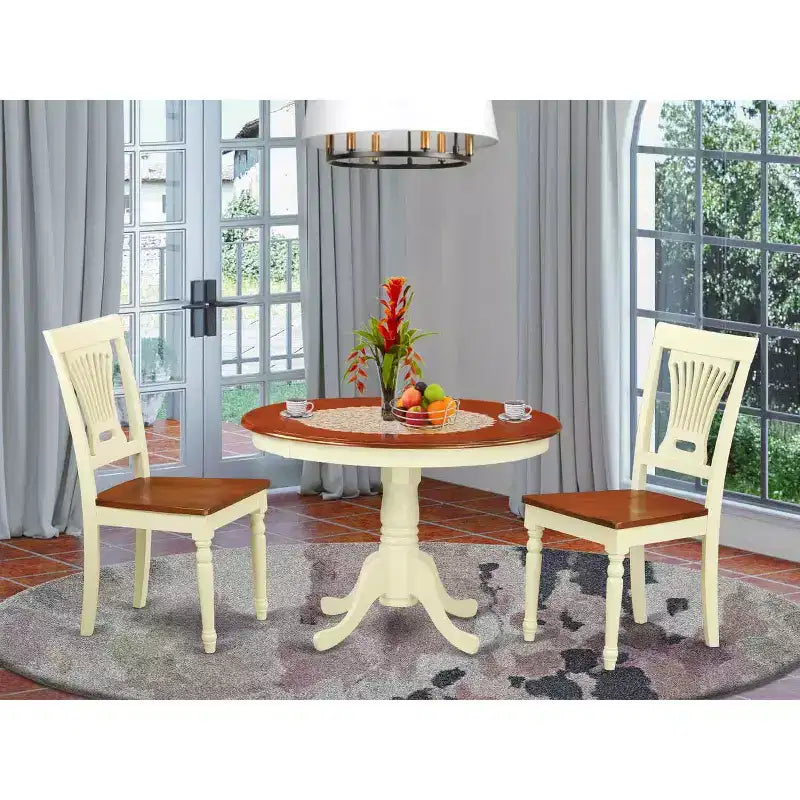 HomeStock 3-Piece Buttermilk & Cherry Finish Solid Wood Top Dining Table with 2 Chairs