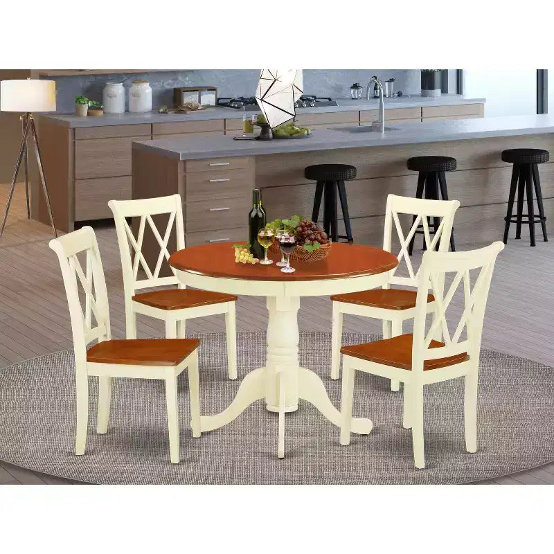 HomeStock 5-Pc Round Buttermilk & Cherry Finish Solid Wood Top Dining table with 4 Chairs with Cross Back