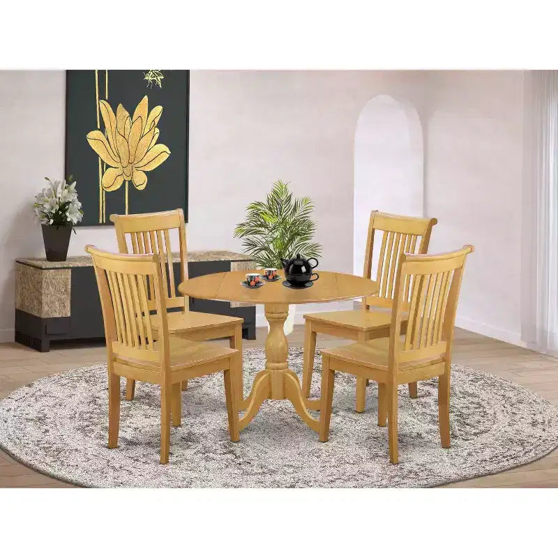 HomeStock 5-Piece Natural Oak Finish Solid Wood Top Dining table with 4 Chairs with Slat Back