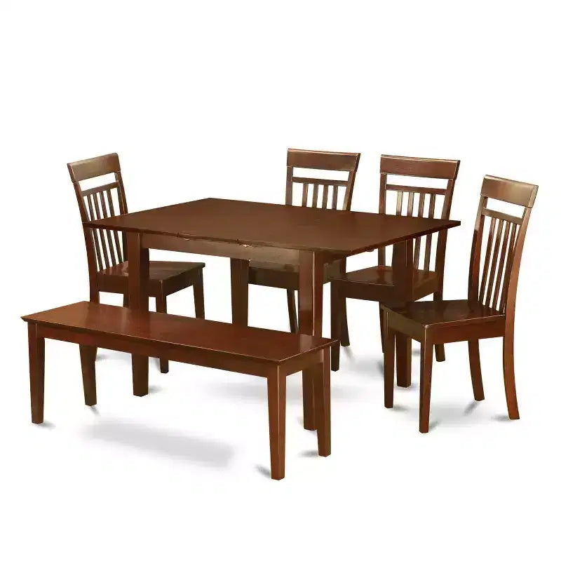 Asian Dining Room Set - 6 Piece Table & Chair Set - Solid Wood Kitchen Table with Bench