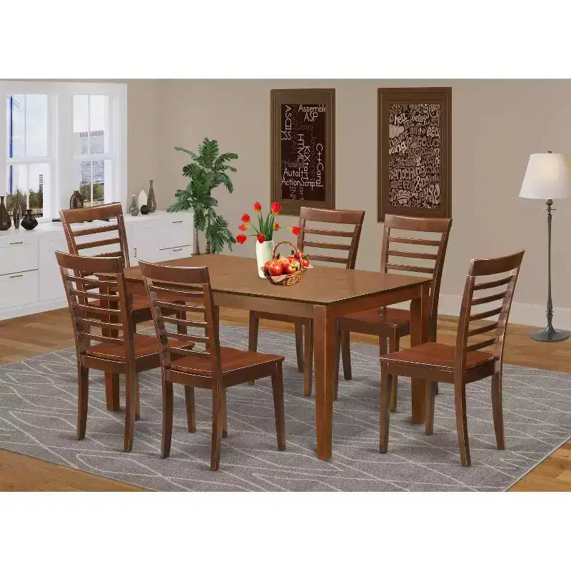 HomeStock 7-Piece Rectangle Mahogany Finish Solid Wood Top Dining Table with 6 Chairs