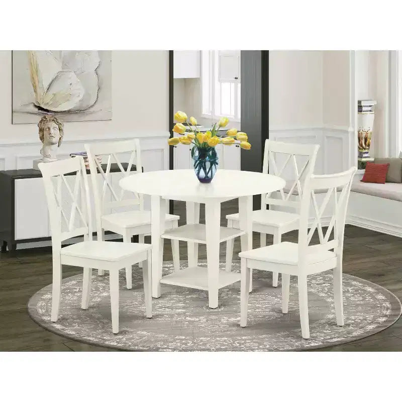 Round Dining Table Set 5pc 20-42 Inch Table w/ Drop Leaves & 4 Chairs