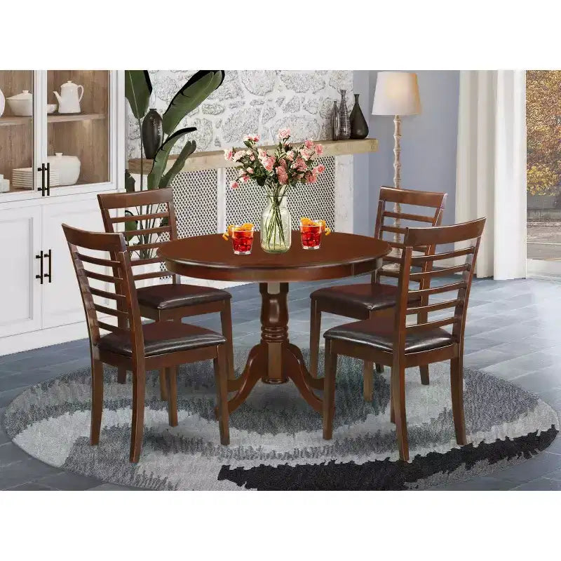 HomeStock 5-Pc Round Mahogany Finish Solid Wood Top Dining table with 4 Chairs