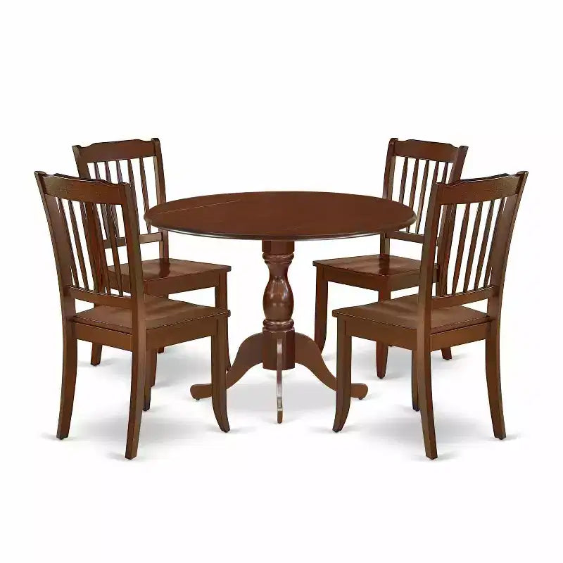 HomeStock 5-Piece Mahogany Finish Solid Wood Top Dining table with 4 Chairs with Drop Leaf Slat Back