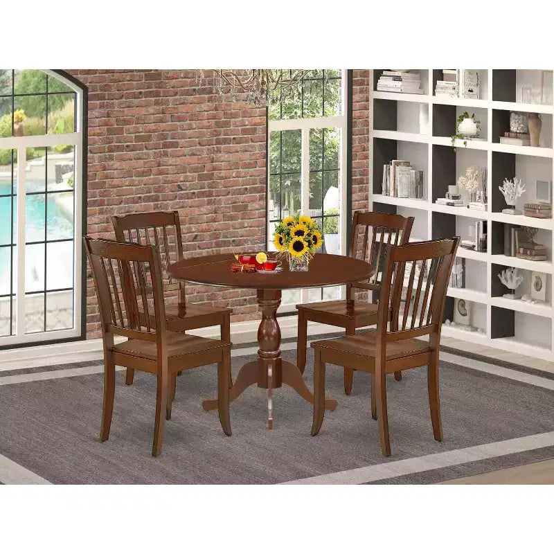 HomeStock 5-Piece Mahogany Finish Solid Wood Top Dining table with 4 Chairs with Drop Leaf Slat Back
