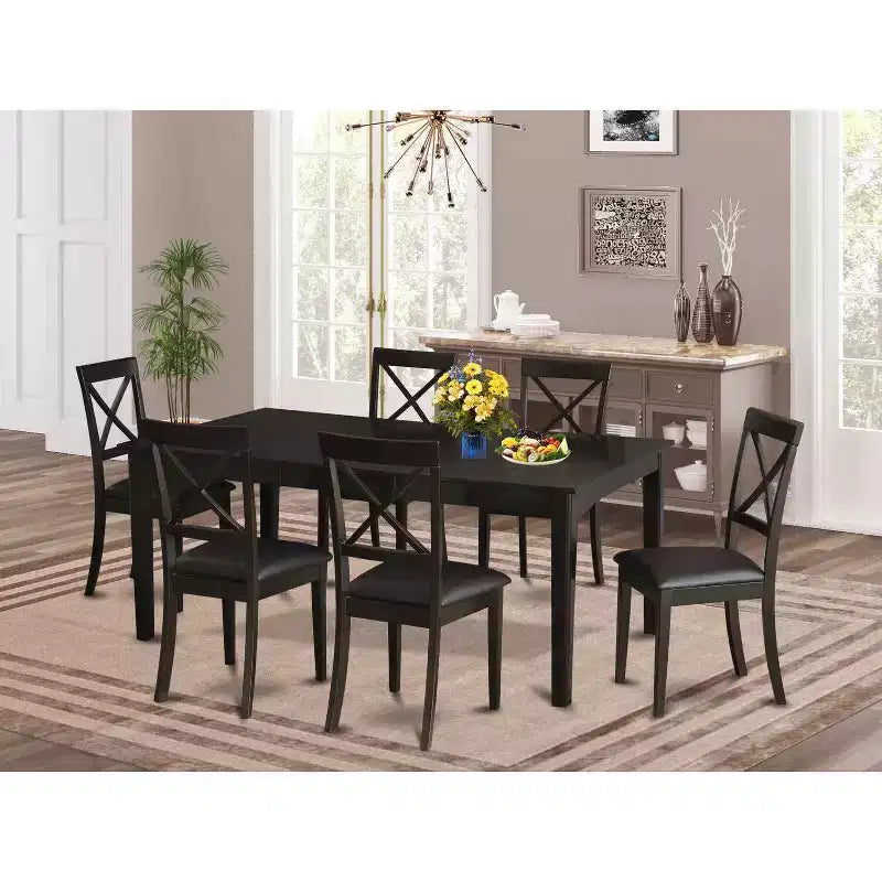 7 Piece Dining Set - Kitchen Table with Pedestal & Faux Leather Chairs - 42x72 Inch