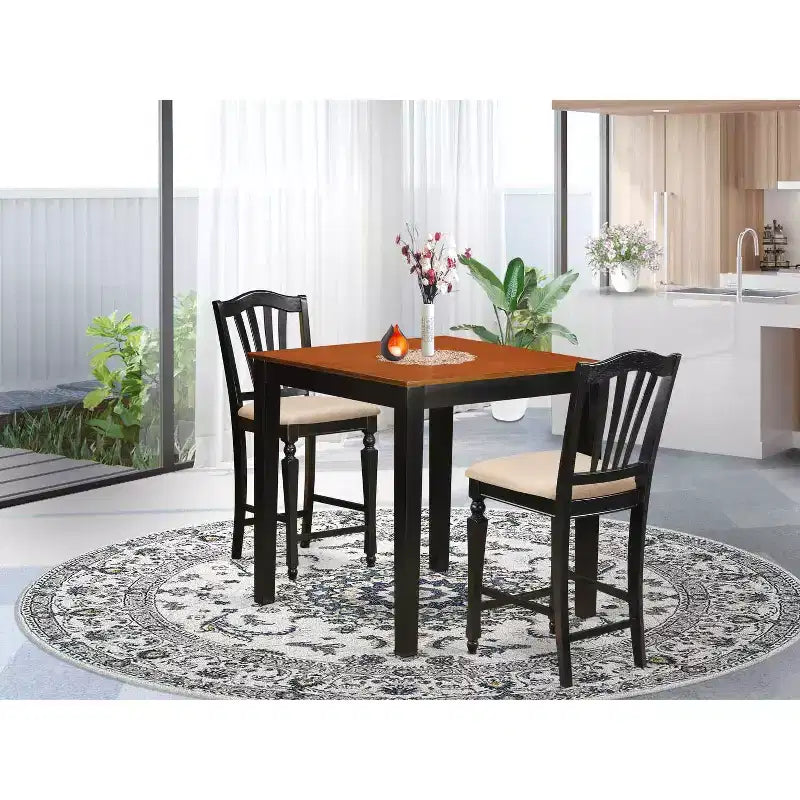 Counter Height Dining Set - 3 Piece Pub Table & Chairs - Kitchen Set - 36x36 Inch - Black Cherry Finish
