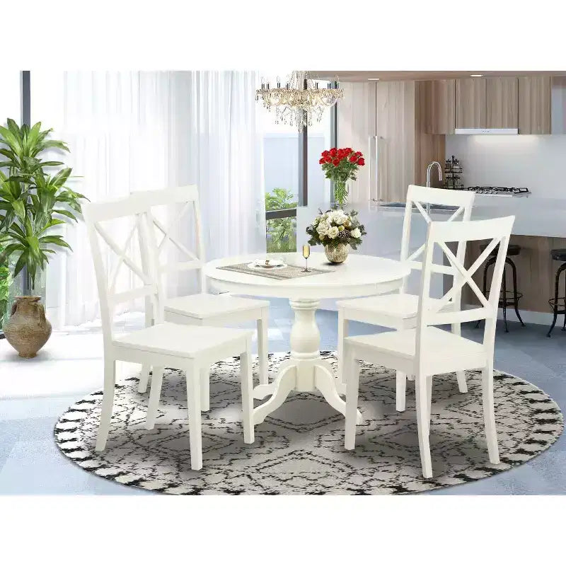 HomeStock 5-Piece Linen White Finish Solid Wood Top Dining table with 4-Chairs