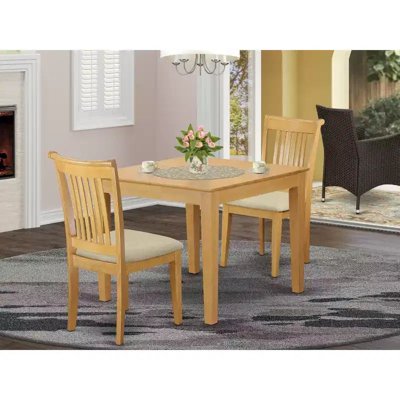 Boho Dining Set - 3 Piece Kitchen Table & Chairs - Square Table, Linen Upholstered Chairs, Oak Finish