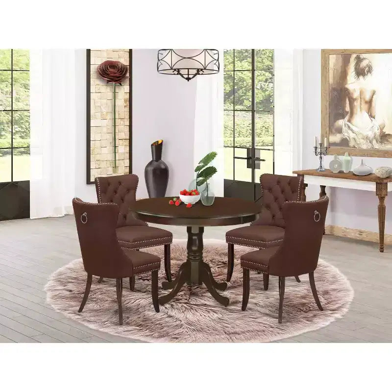 NeoClassical 5 Piece Dinette Set - Round Kitchen Table & 4 Burgundy Parson Chairs - Mahogany Finish