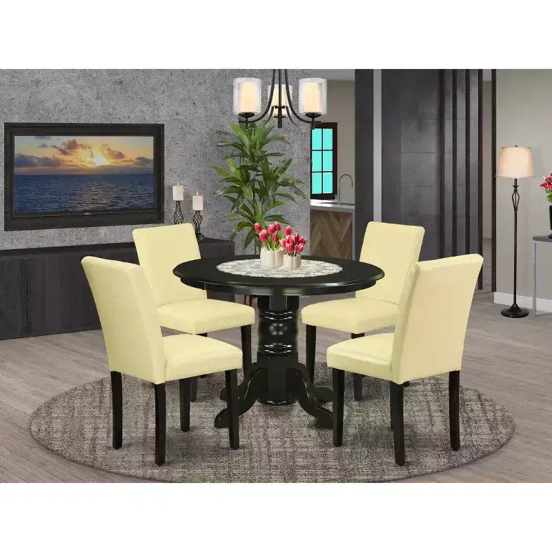 HomeStock 5-Piece Round Black Finish Solid Wood Top Dining Table with 4 Parson Chair
