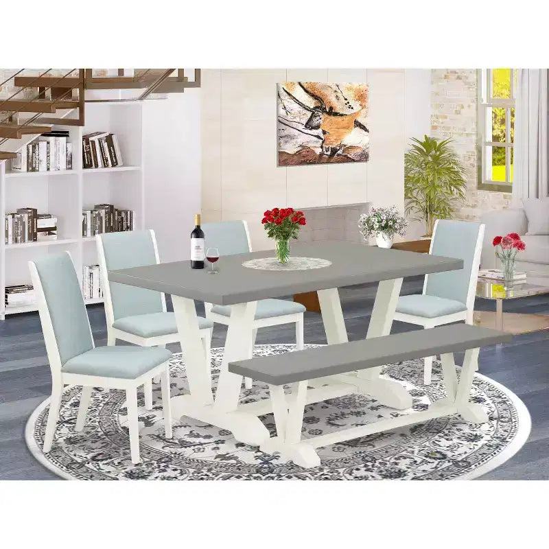 HomeStock 6-Piece Rectangle Natural Oak Finish Solid Wood Top Dining Table with 1-Bench, 4-Chairs