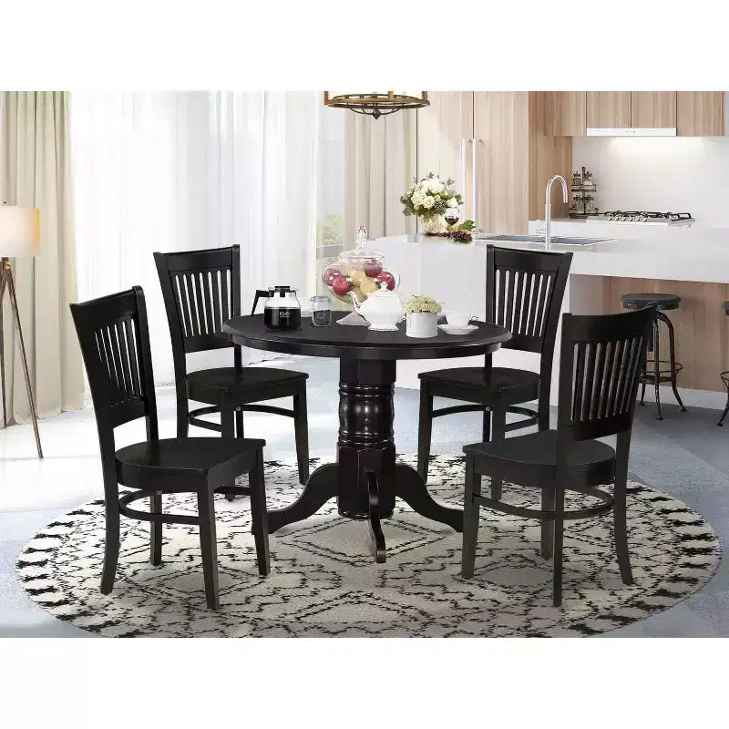 HomeStock 5-Piece Black Finish Solid Wood Top Dining table with 4 Chairs with Slat Back