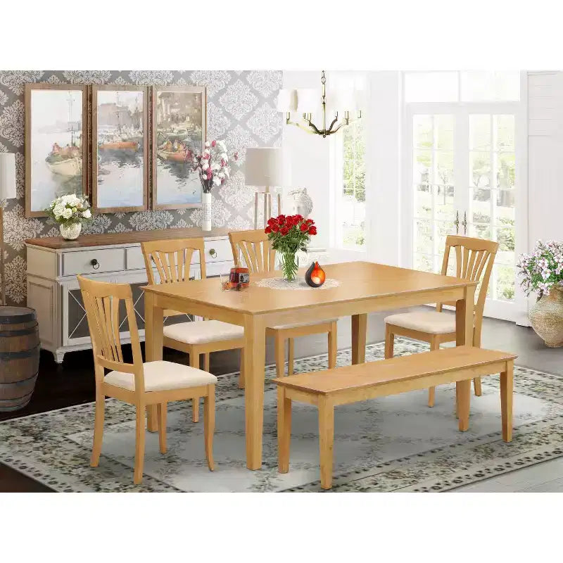 Dining Room Set 6 Piece Table & Chairs Bench - Oak Finish Kitchen Set 36x60 Inch