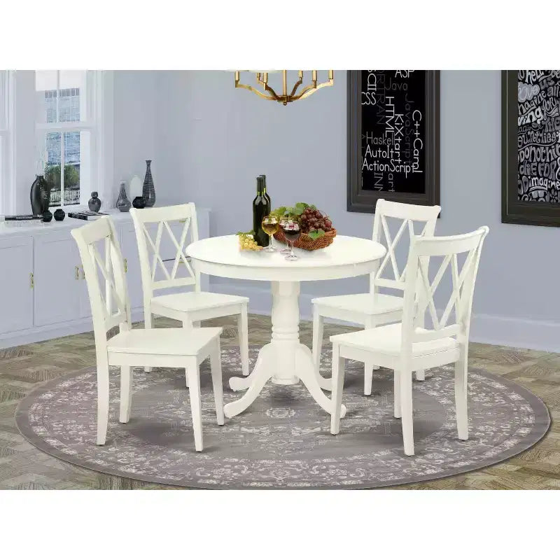 HomeStock 5-Pc Round Linen White Finish Solid Wood Top Dining table with 4 Chairs with Cross Back
