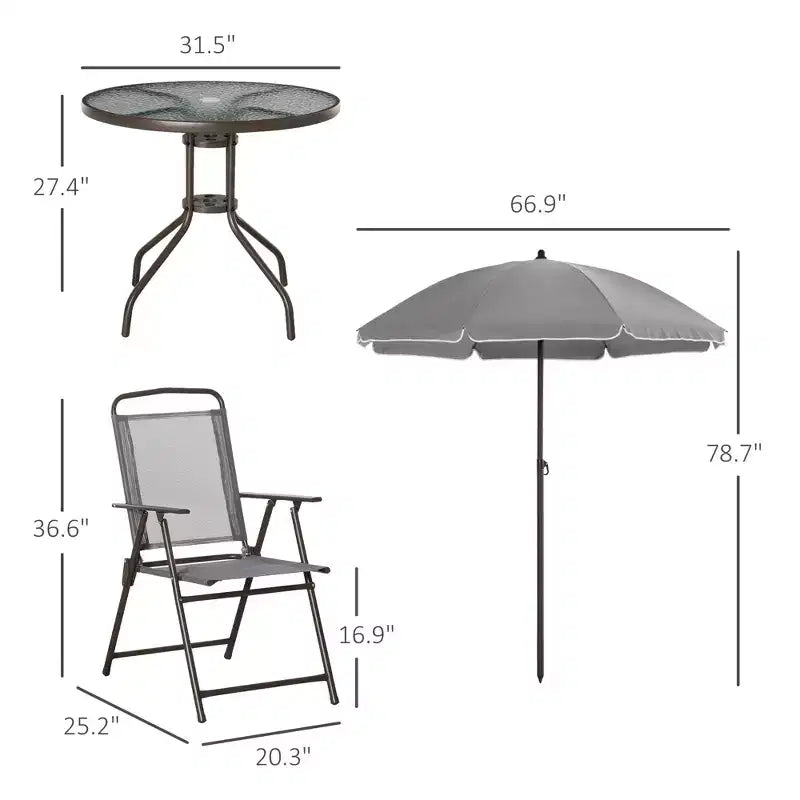 6 Piece Patio Dining Set for 4 with Umbrella, with 4 Folding Dining Chairs & Round Glass Table for Garden