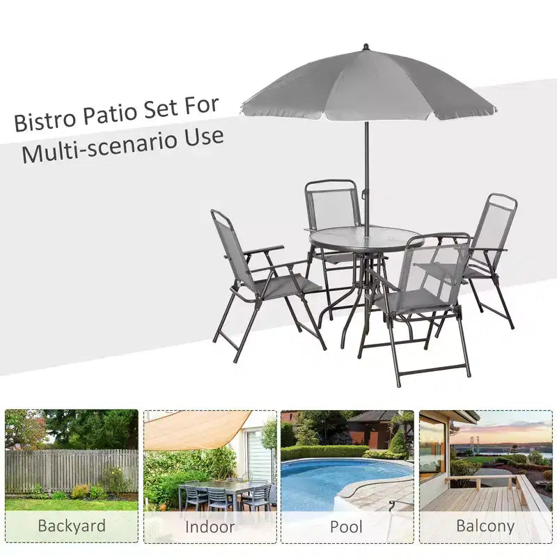 6 Piece Patio Dining Set for 4 with Umbrella, with 4 Folding Dining Chairs & Round Glass Table for Garden