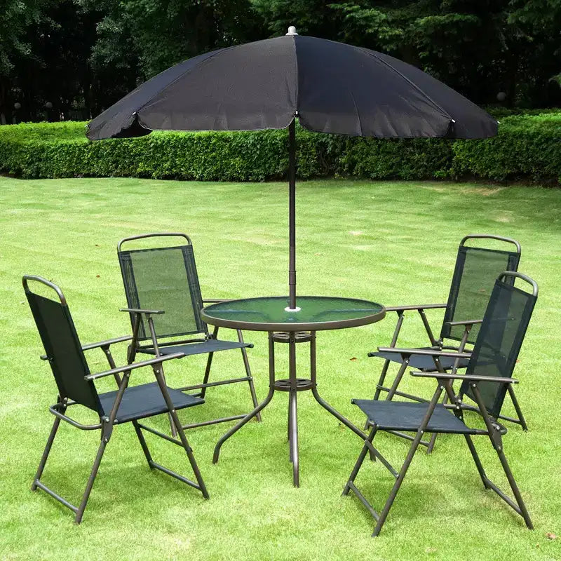 6 Piece Patio Dining Set for 4 with Umbrella, Outdoor Table and Chairs with 4 Folding Dining Chairs & Round Glass Table