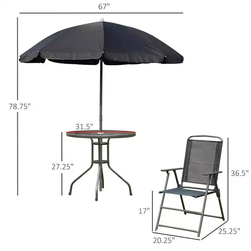 6 Piece Patio Dining Set for 4 with Umbrella, Outdoor Table and Chairs with 4 Folding Dining Chairs & Round Glass Table