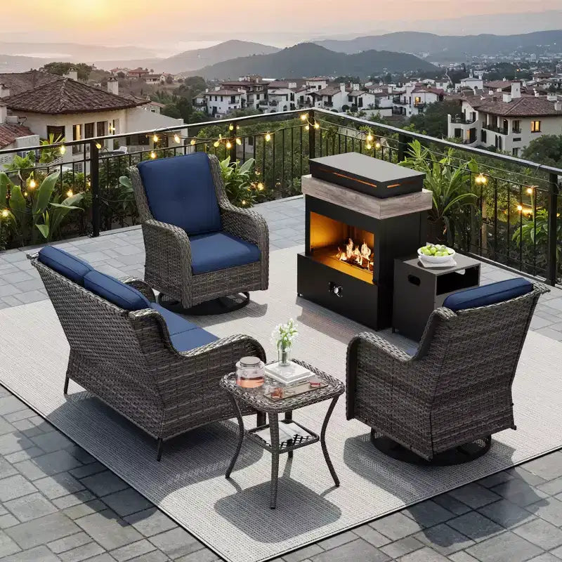 UPTIOT 4-Piece Outdoor Set: Fireplace Heater/Shelf,Cushioned Chair & Swivel Rocker