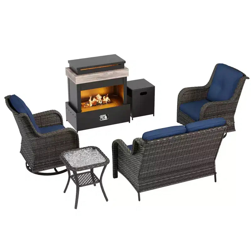UPTIOT 4-Piece Outdoor Set: Fireplace Heater/Shelf,Cushioned Chair & Swivel Rocker