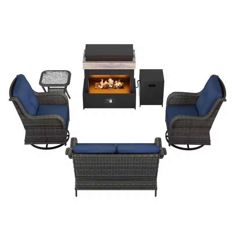 UPTIOT 4-Piece Outdoor Set: Fireplace Heater/Shelf,Cushioned Chair & Swivel Rocker