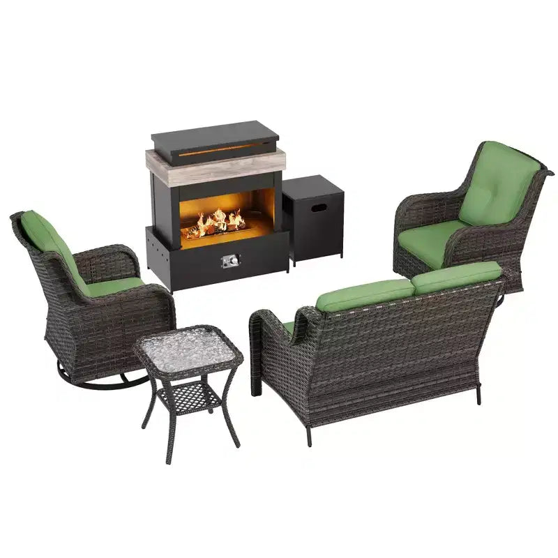 UPTIOT 4-Piece Outdoor Set: Fireplace Heater/Shelf,Cushioned Chair & Swivel Rocker