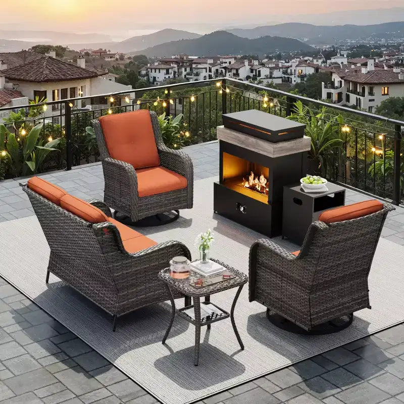 UPTIOT 4-Piece Outdoor Set: Fireplace Heater/Shelf,Cushioned Chair & Swivel Rocker
