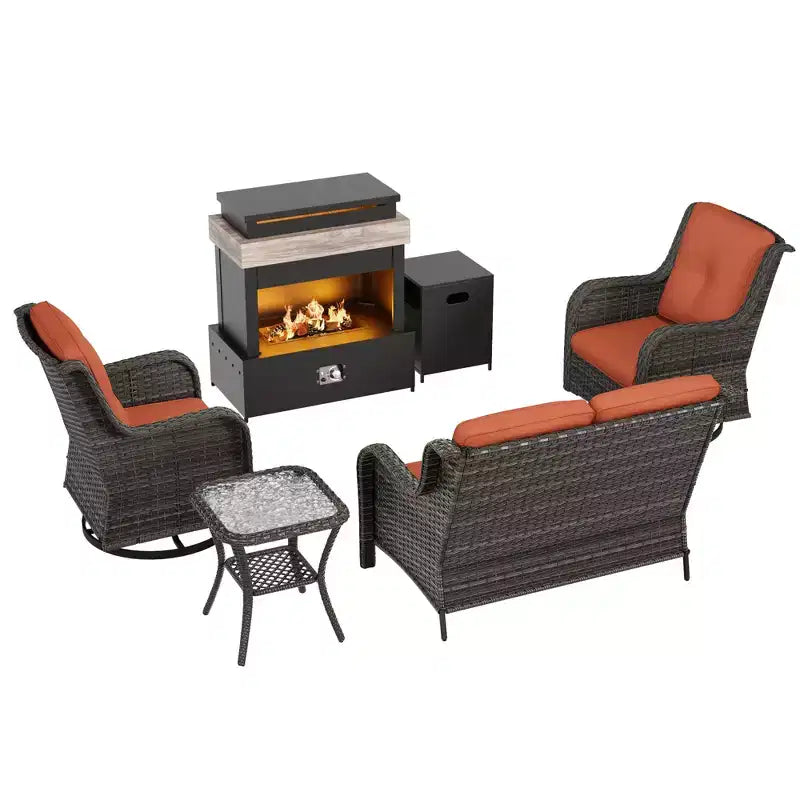 UPTIOT 4-Piece Outdoor Set: Fireplace Heater/Shelf,Cushioned Chair & Swivel Rocker
