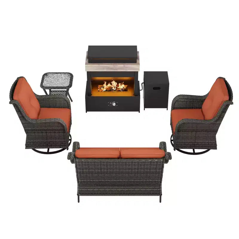 UPTIOT 4-Piece Outdoor Set: Fireplace Heater/Shelf,Cushioned Chair & Swivel Rocker