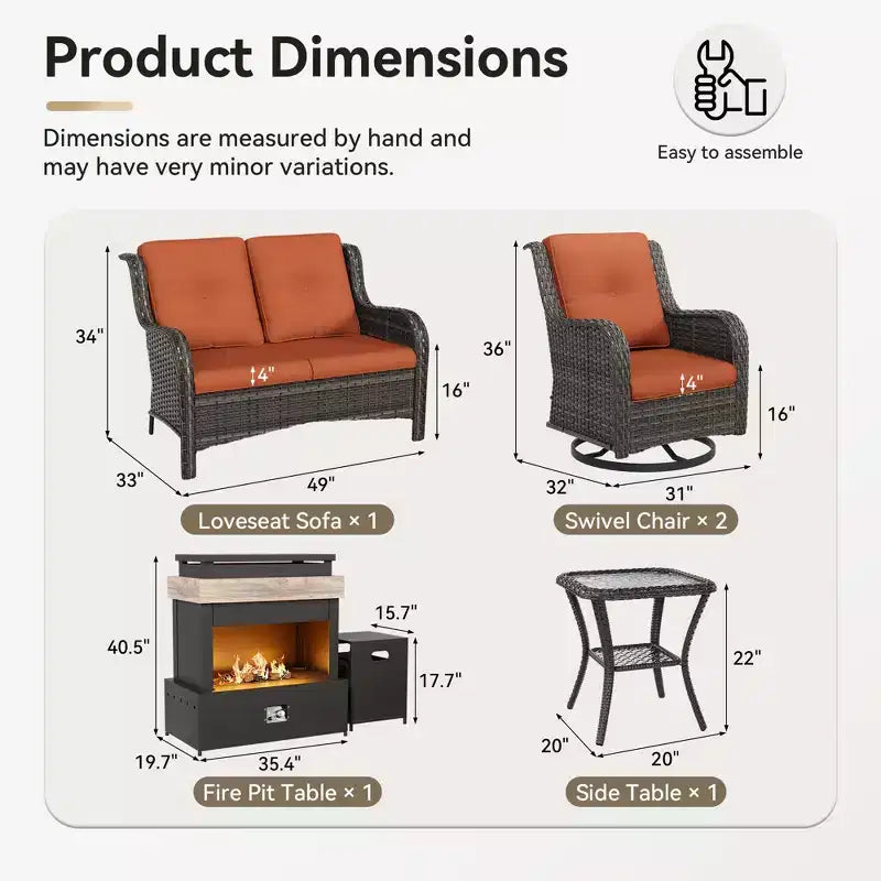 UPTIOT 4-Piece Outdoor Set: Fireplace Heater/Shelf,Cushioned Chair & Swivel Rocker