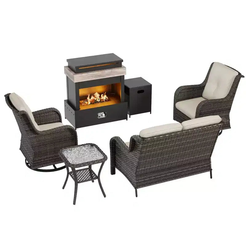 UPTIOT 4-Piece Outdoor Set: Fireplace Heater/Shelf,Cushioned Chair & Swivel Rocker