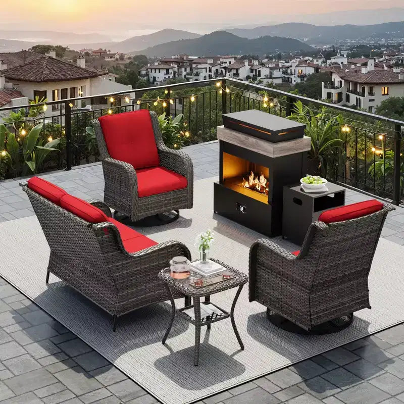 UPTIOT 4-Piece Outdoor Set: Fireplace Heater/Shelf,Cushioned Chair & Swivel Rocker