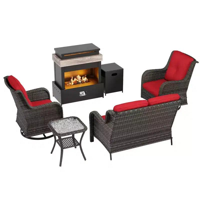 UPTIOT 4-Piece Outdoor Set: Fireplace Heater/Shelf,Cushioned Chair & Swivel Rocker