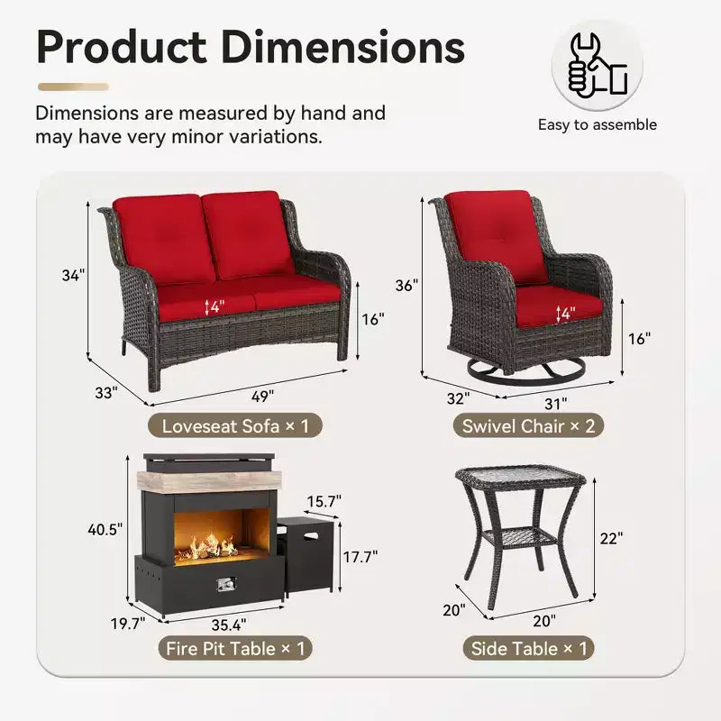 UPTIOT 4-Piece Outdoor Set: Fireplace Heater/Shelf,Cushioned Chair & Swivel Rocker