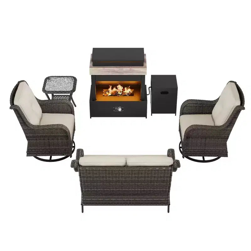 UPTIOT 4-Piece Outdoor Set: Fireplace Heater/Shelf,Cushioned Chair & Swivel Rocker