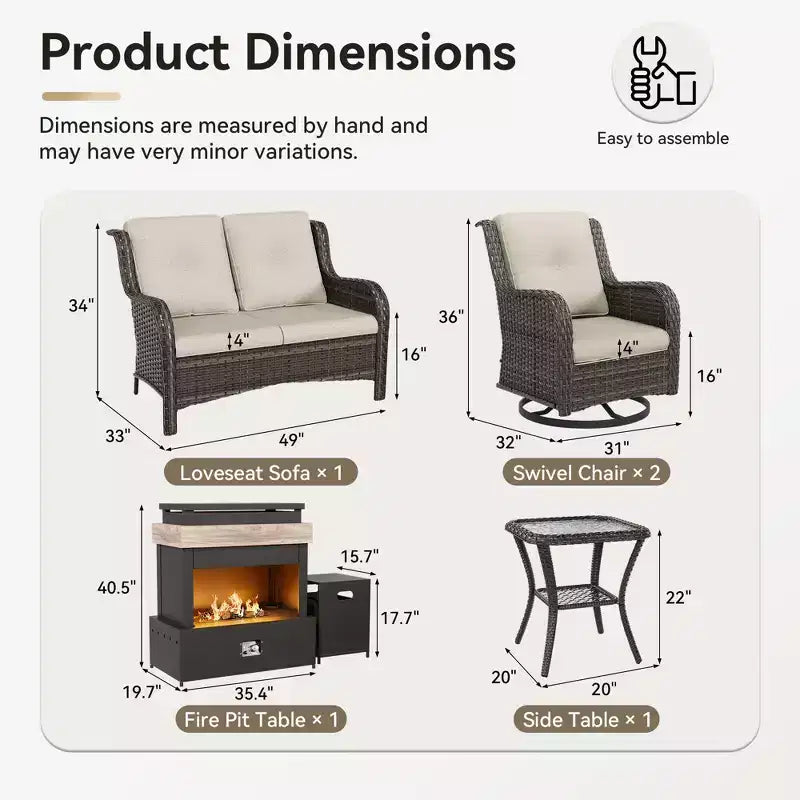 UPTIOT 4-Piece Outdoor Set: Fireplace Heater/Shelf,Cushioned Chair & Swivel Rocker