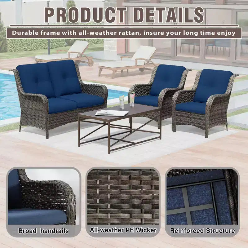 UPTIOT 4-Piece All-Weather Outdoor Lounge Set with Loveseat, Chairs & Tempered Table